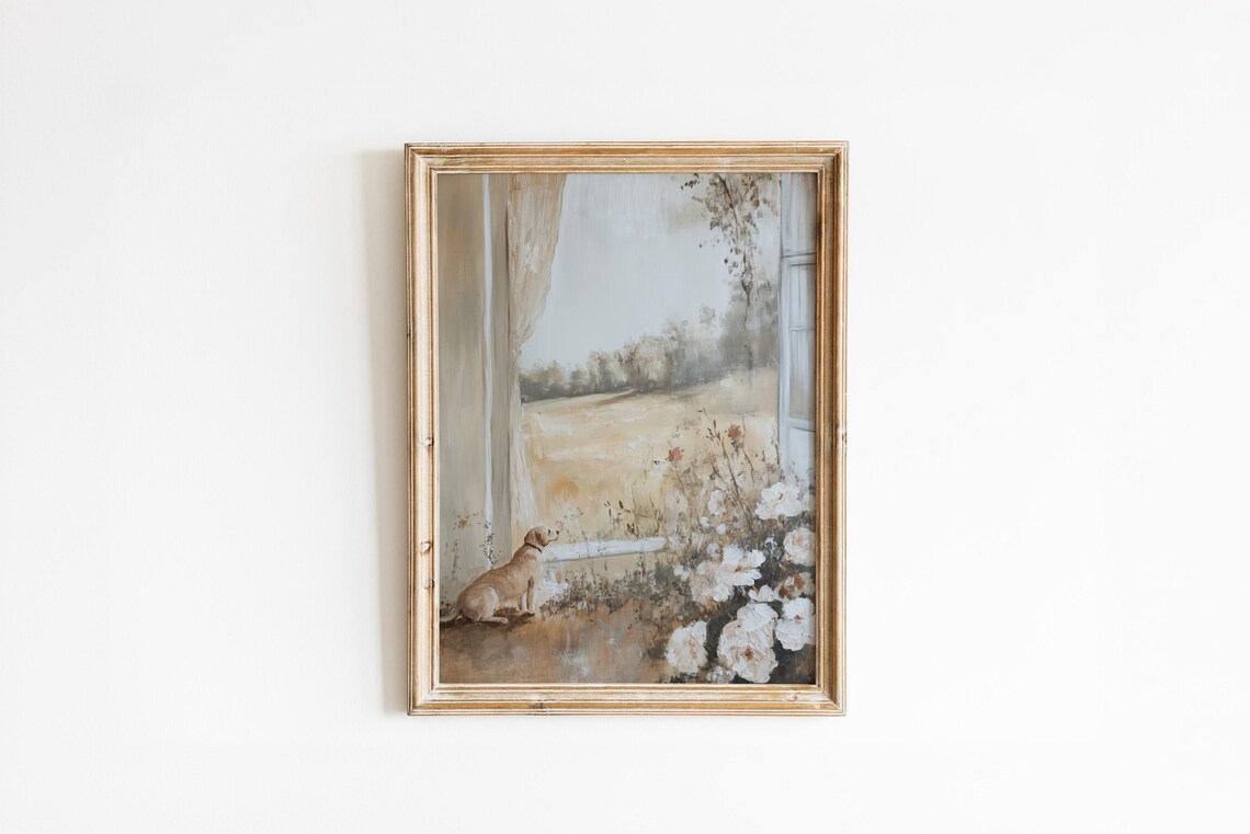 Vintage Farmhouse Dog Watching Field Window Roses Art Poster