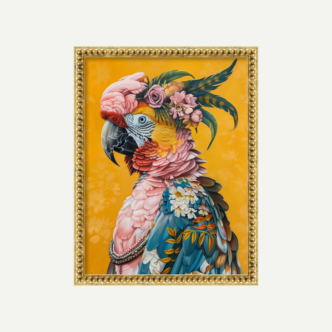 Colorful Parrot Portrait with Floral Headdress Maximalist Wall Art