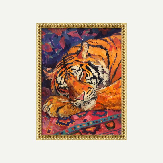 Sleeping Tiger on Patterned Rug Matisse Style Maximalist Wall Art