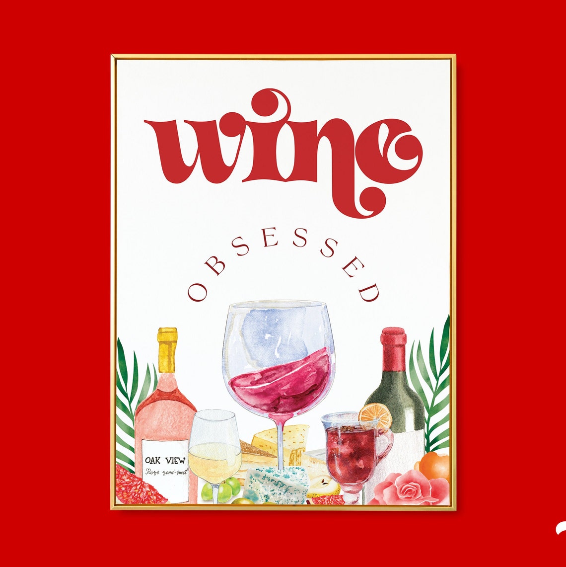 Wine Obsessed Watercolor Red Wine Glass Bottle Kitchen Poster
