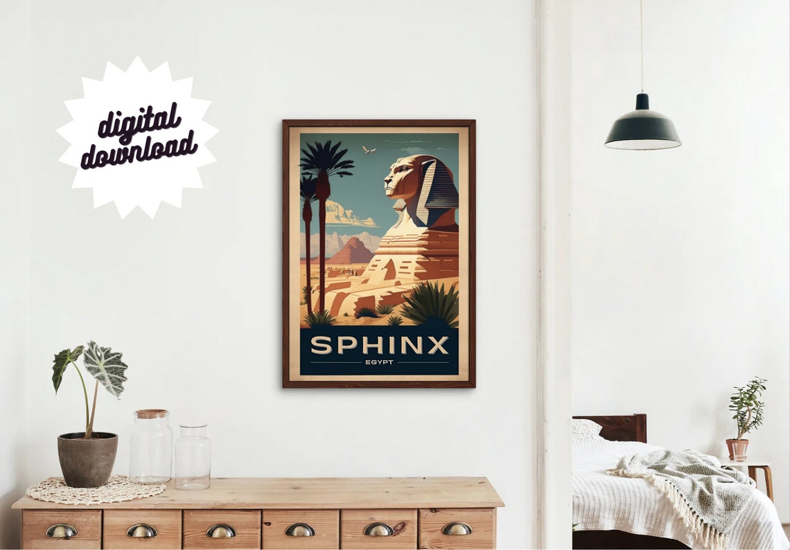 Giza Egypt Sphinx Palm Trees Sunlit Desert Vintage Travel Poster