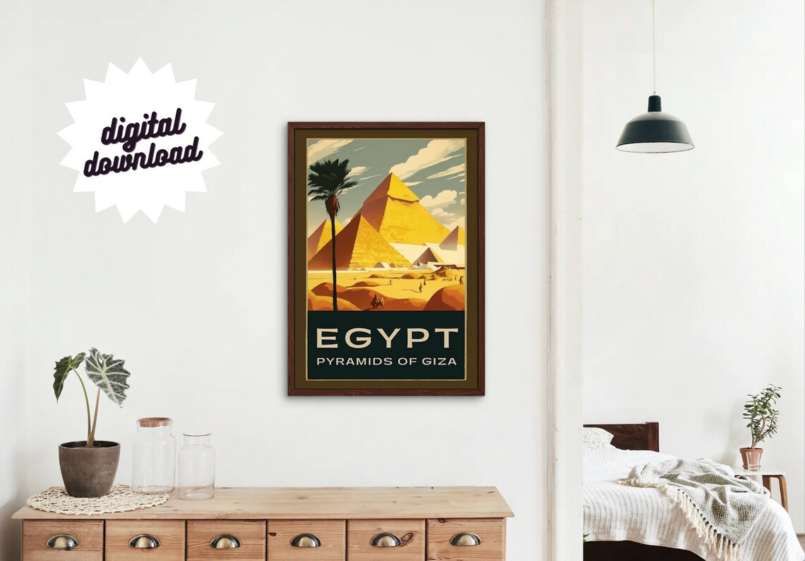 Egypt Giza Pyramids Golden Sunset Palm Vintage Travel Poster