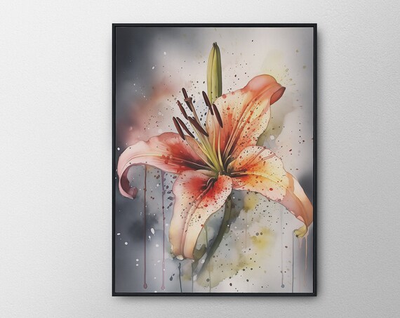 Peach Lily Watercolor Close Up Speckled Petals with Paint Drips Art Poster