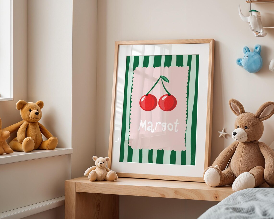 Cherry Print Personalised Kids Nursery Art Only Nursery Bedroom Art Cherry Nursery Kids Room - Image 2