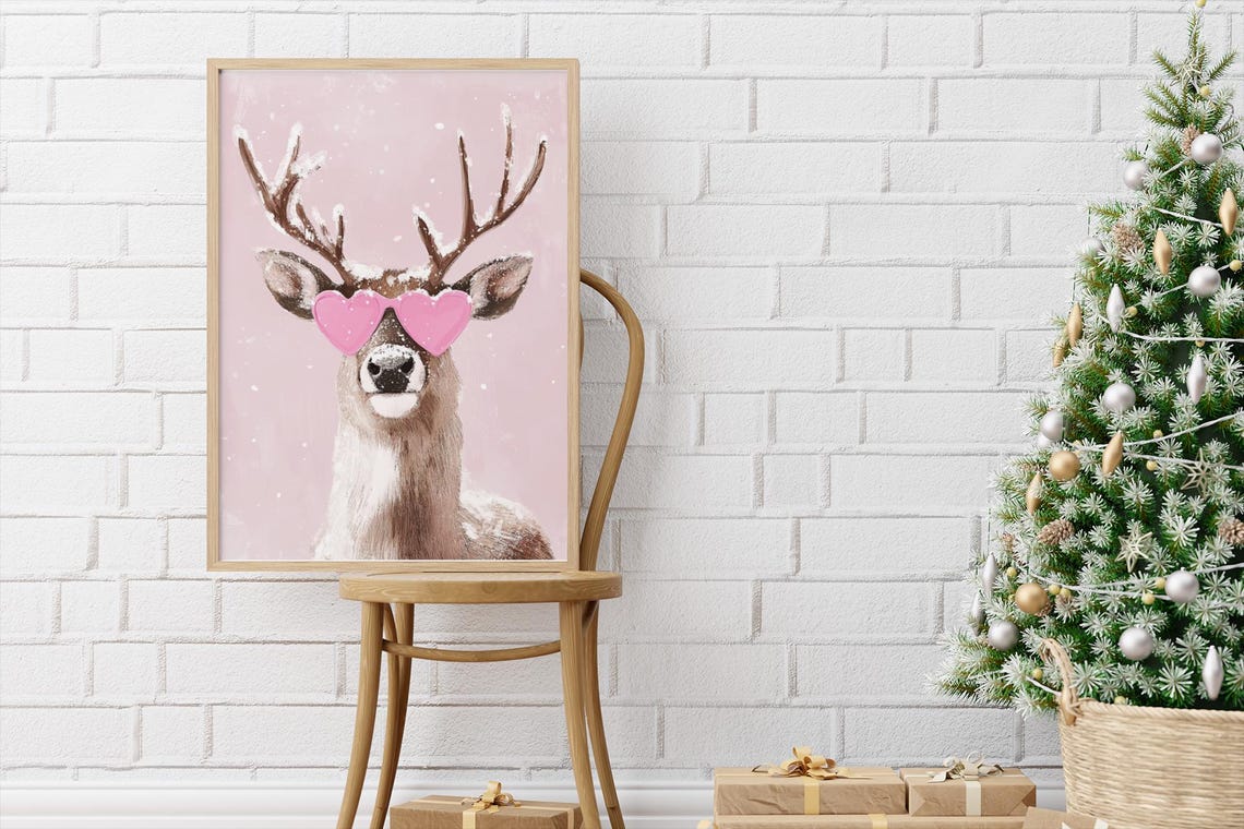 Snowy Deer Wearing Pink Heart Sunglasses Christmas Decor Poster - Image 2