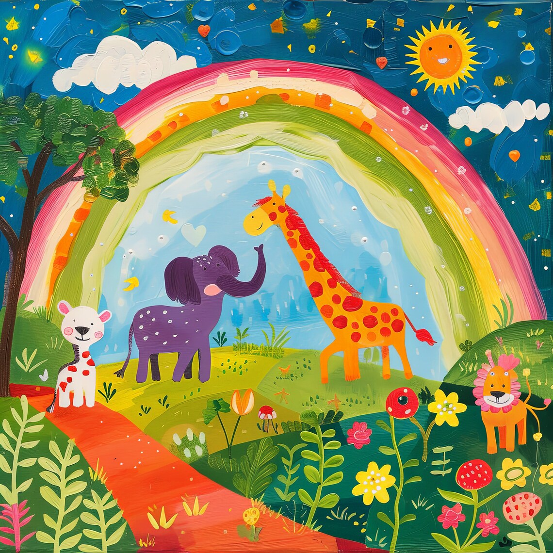 Safari Animals Under a Rainbow Bright Colorful Kids Room Poster - Image 2