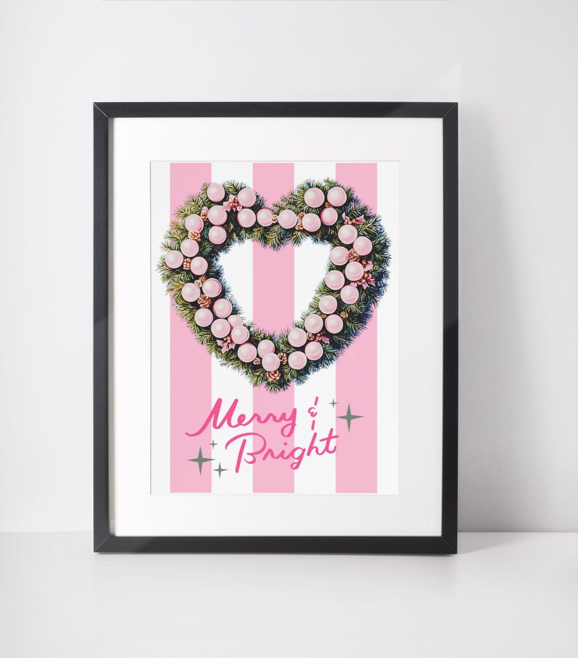 Merry And Bright Pink Heart Wreath On Candy Stripe Christmas Poster