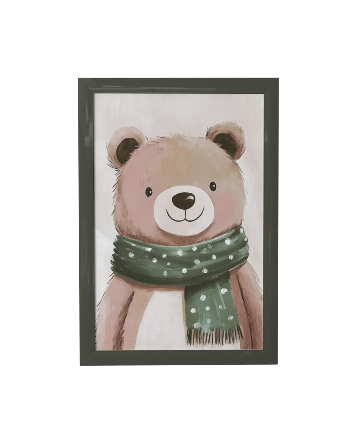Smiling Brown Bear With Green Polka Dot Winter Scarf Nursery Poster