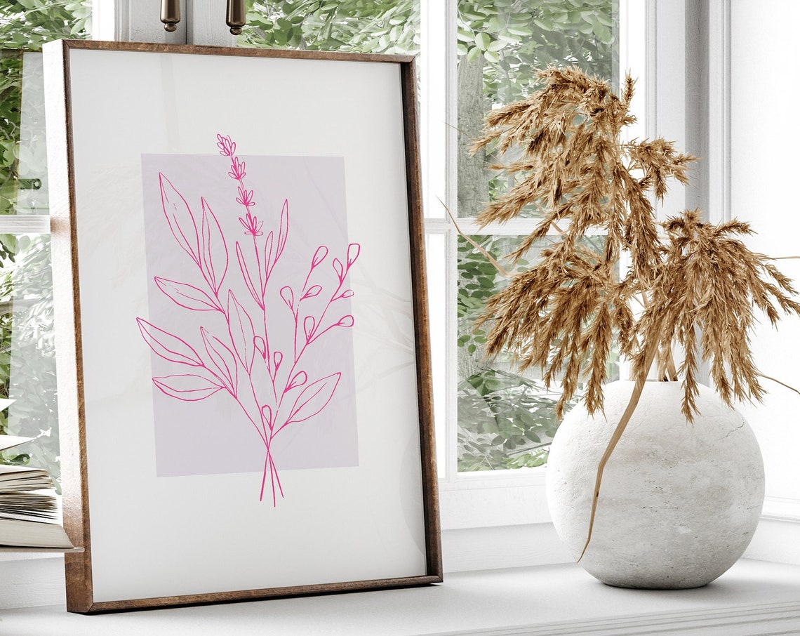 Pink Botanical Line Drawing Minimalist Floral Decor Art Poster