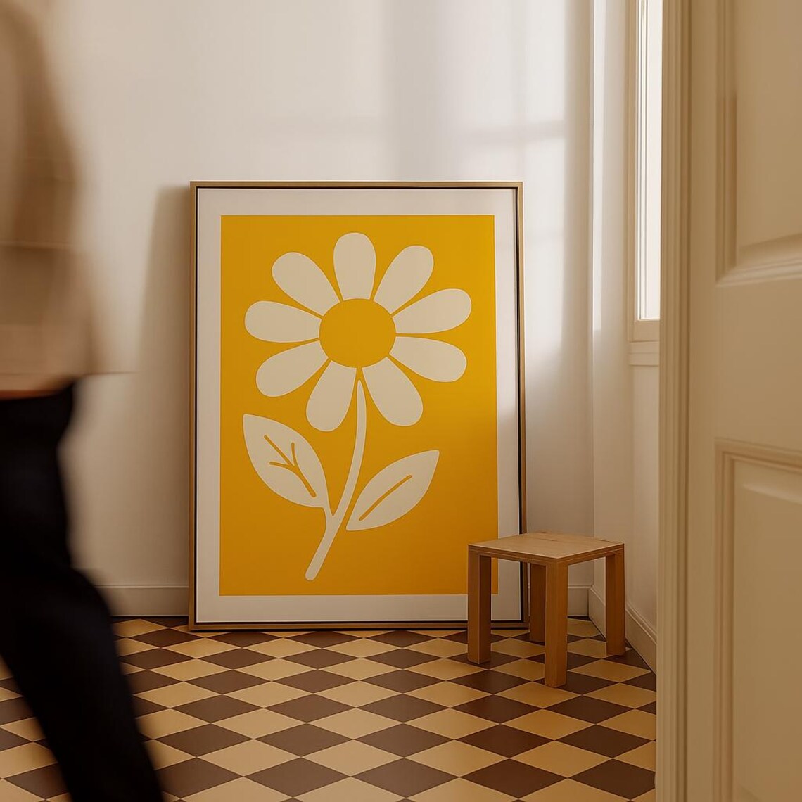 Retro 70s White Daisy on Mustard Yellow Midcentury Floral Poster