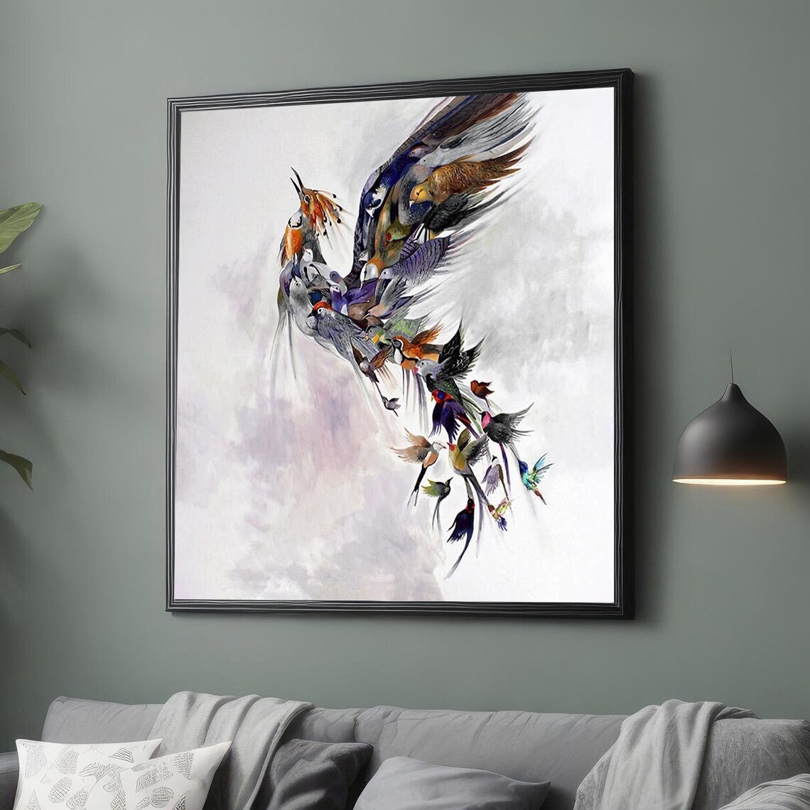 Colorful Phoenix Rising From Dozens of Birds Watercolor Art Poster