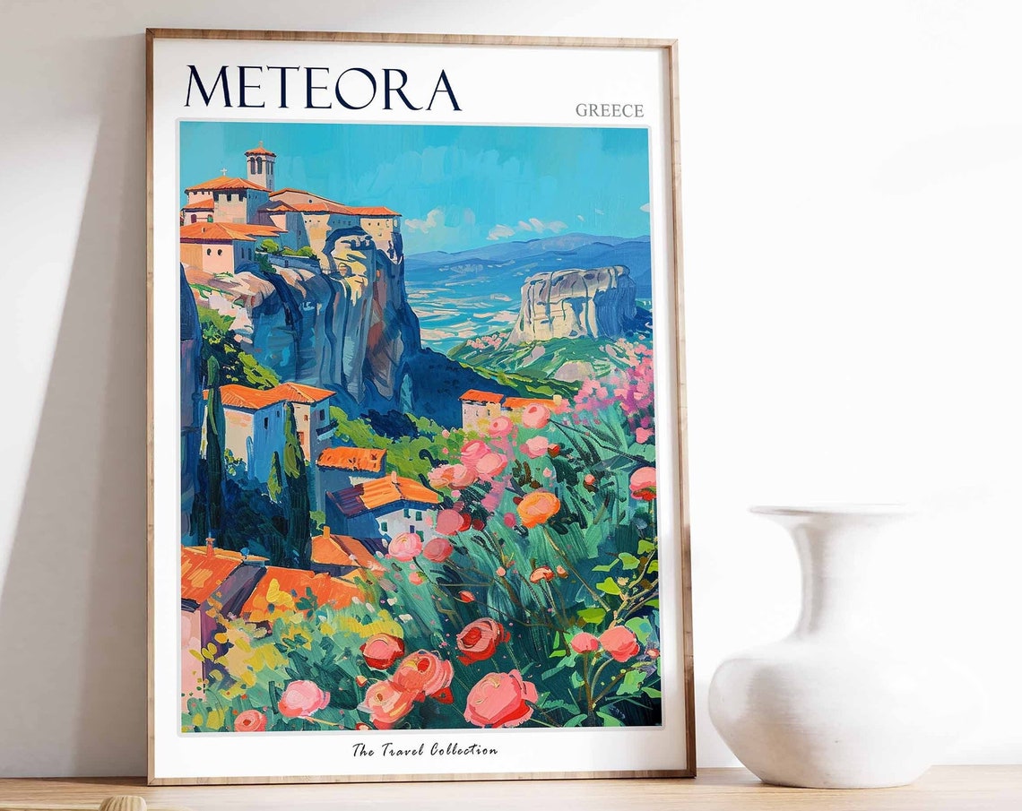 Meteora Greece Cliffside Monastery with Pink Blooming Flowers Poster