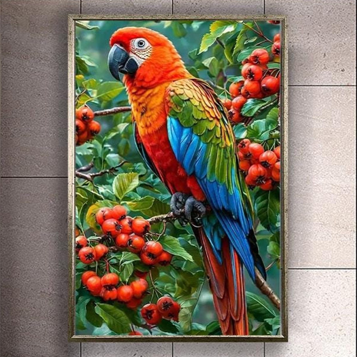 Scarlet Macaw Parrot Perched Among Red Berries Tropical Poster