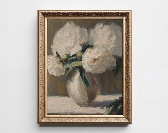 White Peonies in Vase Impressionist Floral Still Life Painting Poster