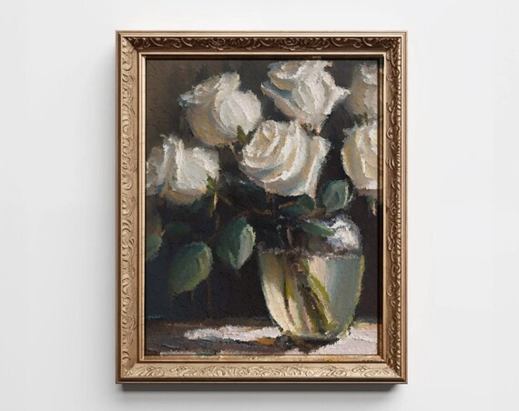 White Roses Dark Moody Still Life Floral Oil Painting Vintage Poster