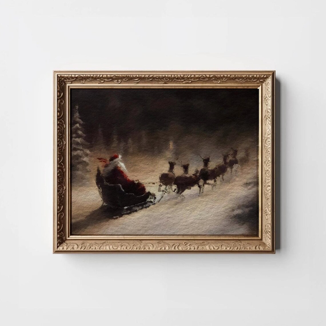 Moody Santa in Sleigh Vintage Christmas Art Print