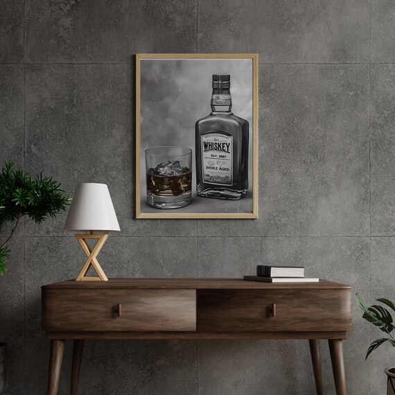 Whiskey Bottle Double Aged Black and White Vintage Bar Wall Art