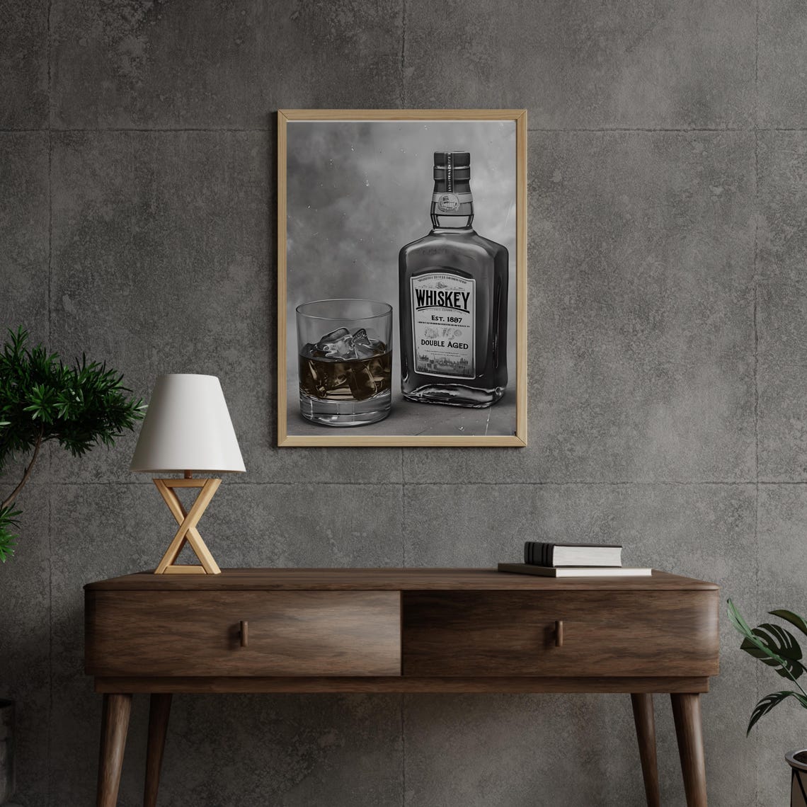 Whiskey Bottle Double Aged Black and White Vintage Bar Wall Art