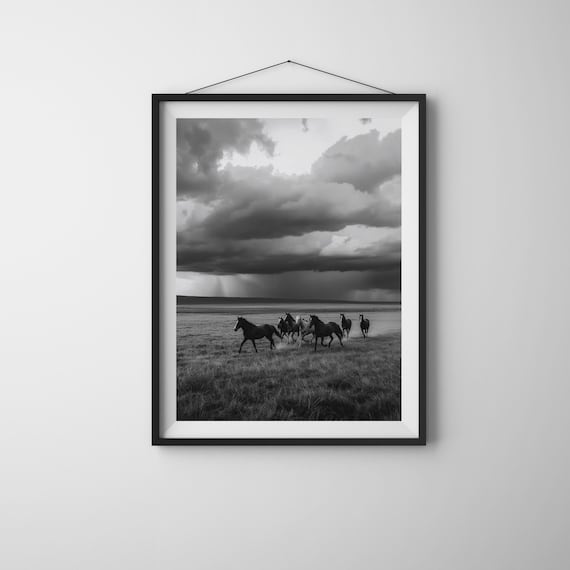 Wild Horse Herd Running Under Storm Clouds Black and White Photo Poster
