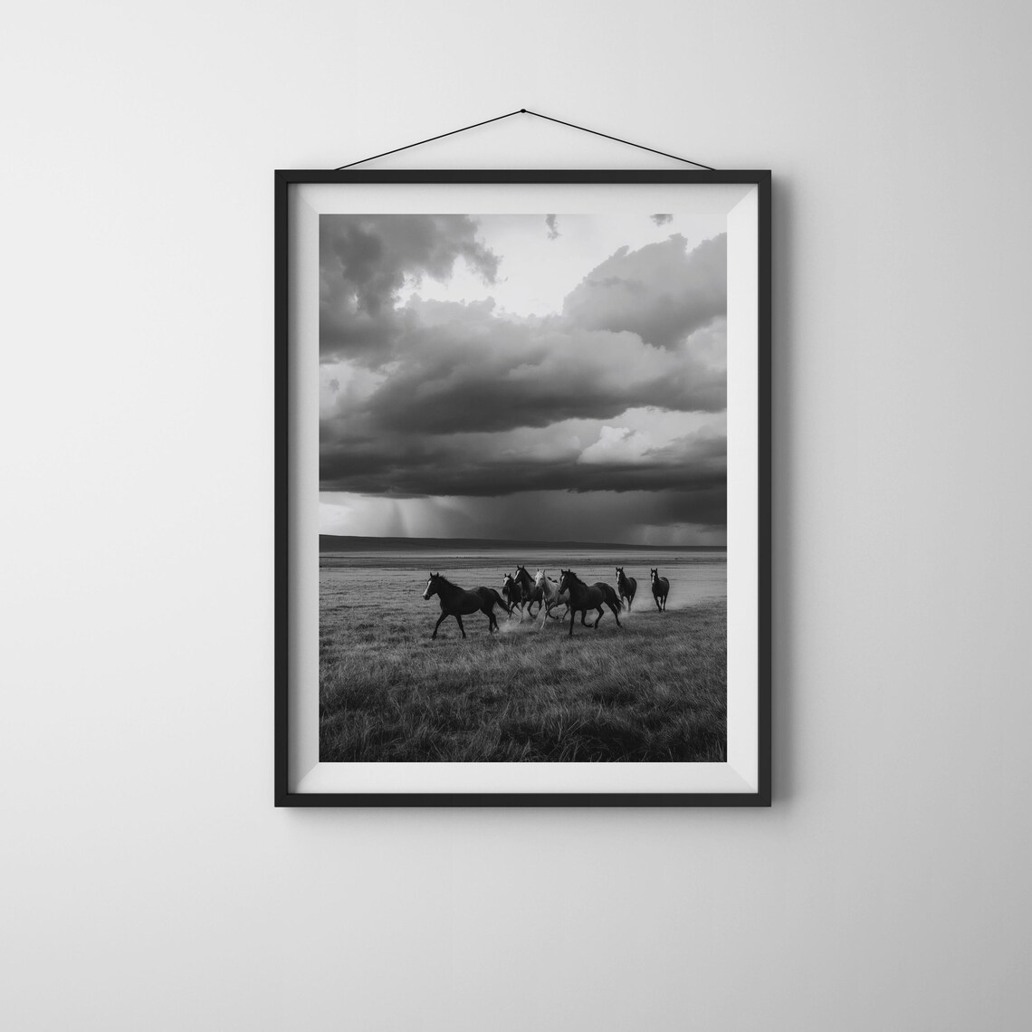 Wild Horse Herd Running Under Storm Clouds Black and White Photo Poster