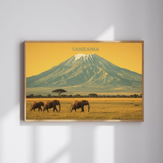 Mount Kilimanjaro Tanzania Retro Travel Poster Vintage Safari Landscape Wall Art Elephants African