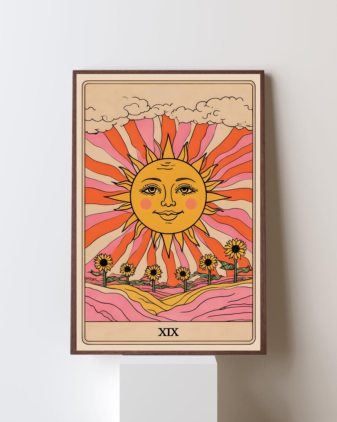 Retro Sun Tarot Card XIX Sunflower Boho Mystical Wall Decor Poster
