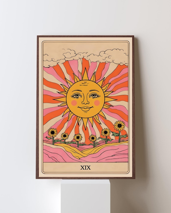Retro Sun Tarot Card XIX Sunflower Boho Mystical Wall Decor Poster