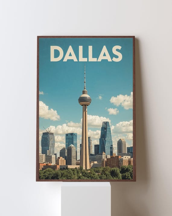 Dallas Skyline Iconic Observation Tower Vintage Travel Poster