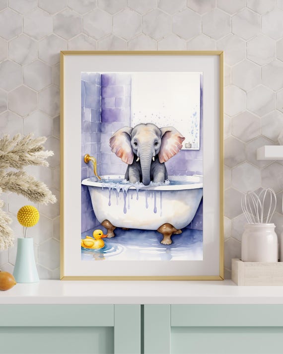 Funny Elephant Bathroom Wall Art Watercolor Animal Print Decor