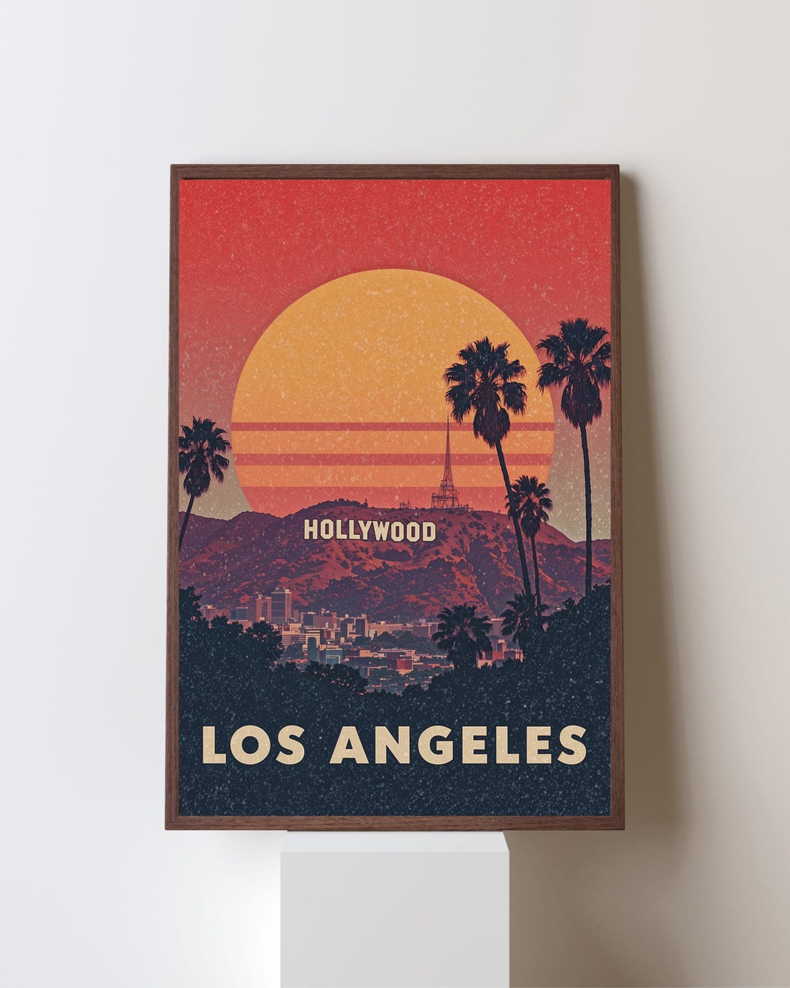 Los Angeles Hollywood Sign Retro Sunset Palm Tree Skyline Poster