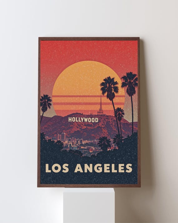 Los Angeles Hollywood Sign Retro Sunset Palm Tree Skyline Poster
