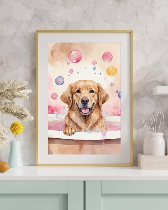 Funny Golden Retriever Bathroom Wall Art Watercolor Dog Print