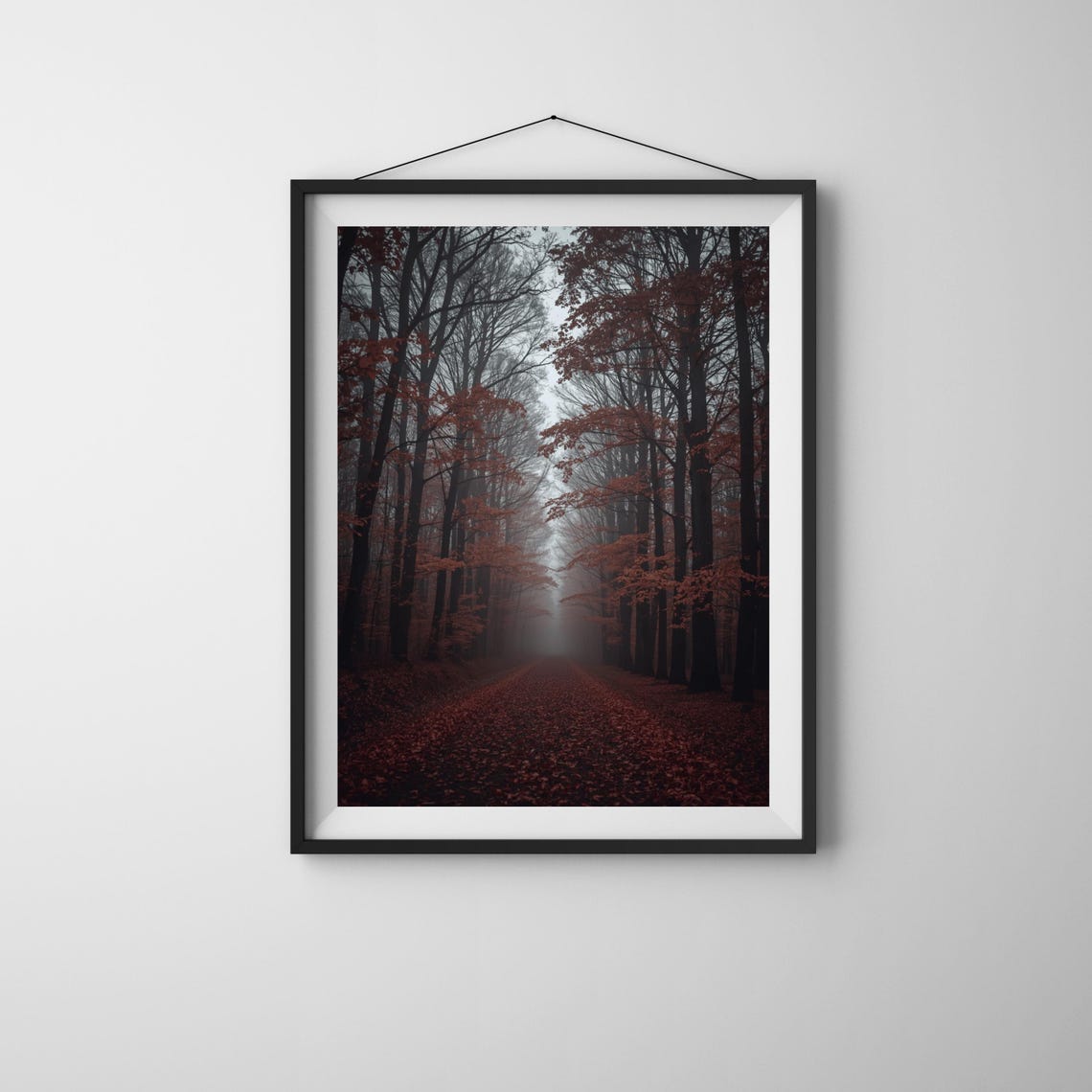 Misty Red Autumn Forest Path Through Fog Moody Nature Poster