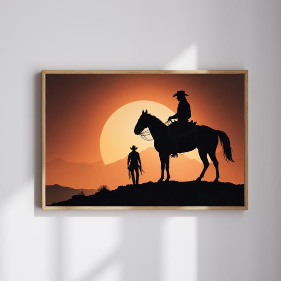 Cowboy Sunset Wall Art Western Silhouette Print Rustic Horseback Desert Decor