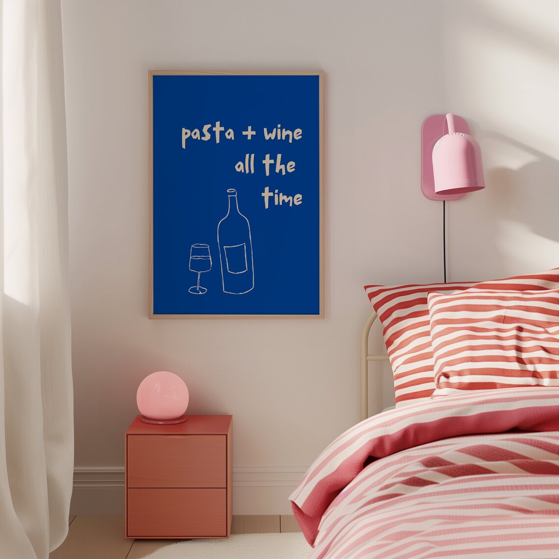 Pasta and Wine All the Time Funny Foodie Italian Kitchen Doodle Blue Poster - Image 3