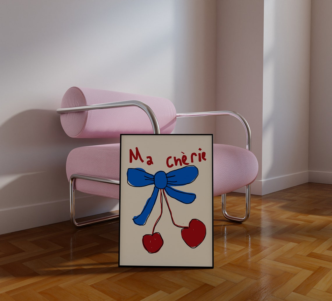 Ma Cherie Blue Bow Heart Cherry Whimsical Coquette Girly Decor Poster - Image 2