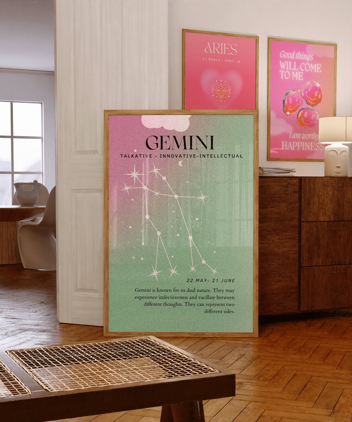 Gemini Constellation Pink Green Gradient Zodiac Star Sign Aura Poster - Image 4