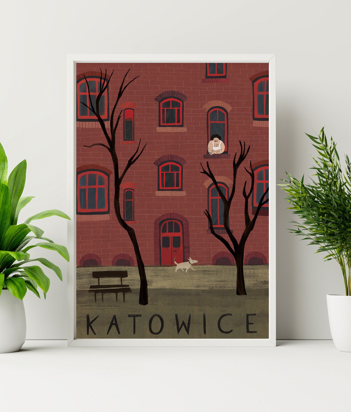 Katowice Red Brick Tenement Window Watcher Dog Folk Travel Poster - Image 2