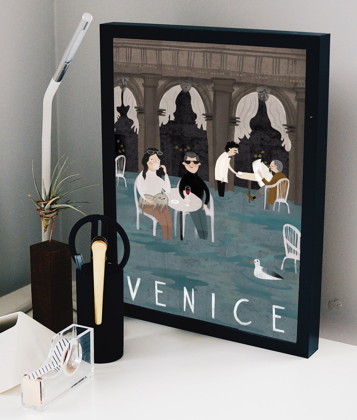 Venice Cafe Flooded Square Acqua Alta Diners Seagull Travel Poster
