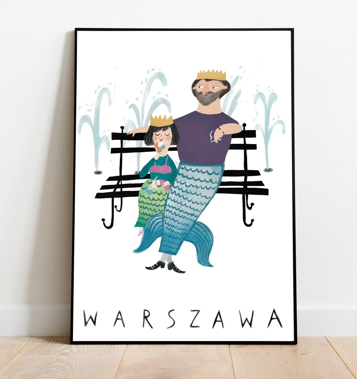 Warszawa Syrenka Mermaid Crowned Royals Park Bench Folk Travel Poster - Image 2