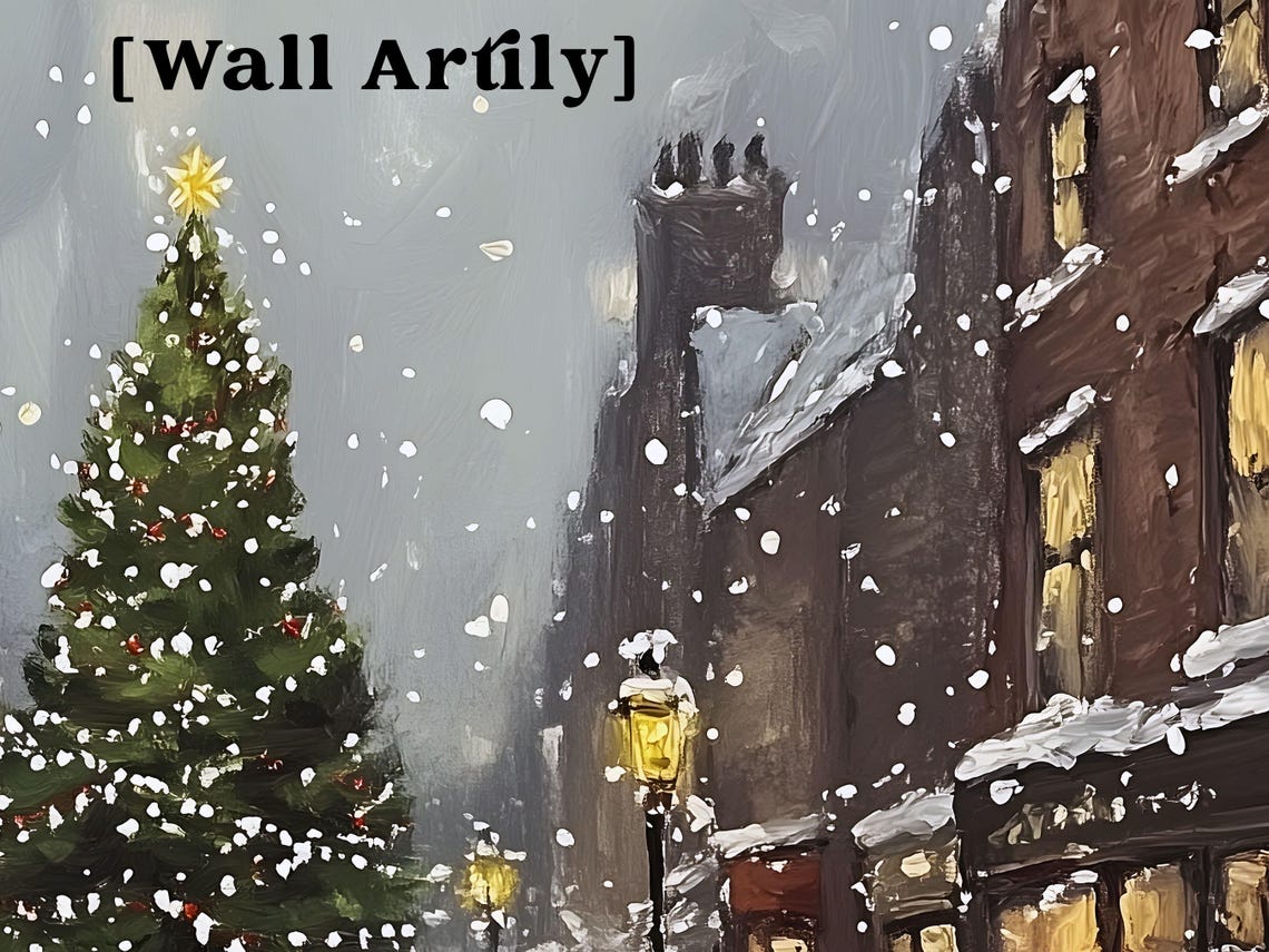 Snowy Old Town Street Christmas Tree Night Lamp Vintage Art Poster - Image 2