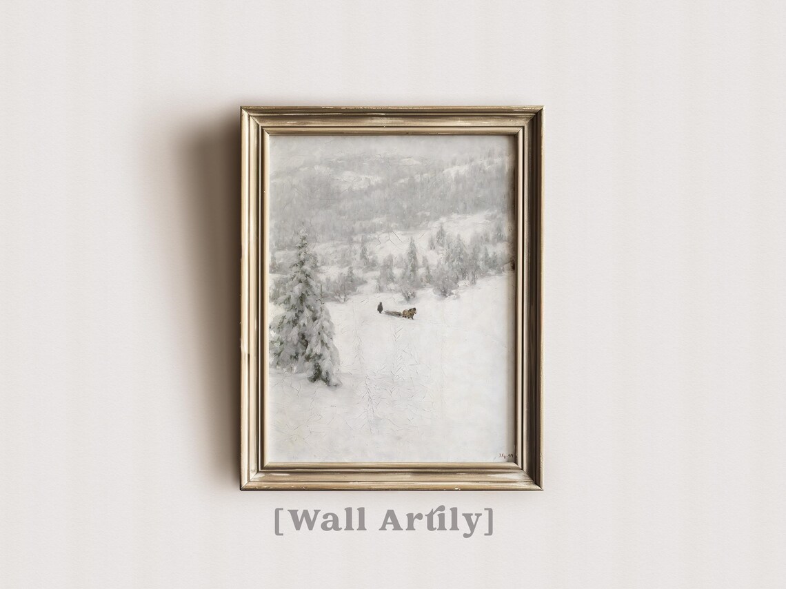 Antique Winter Valley Horse Sled Snowy Landscape Oil Painting Poster - Image 7