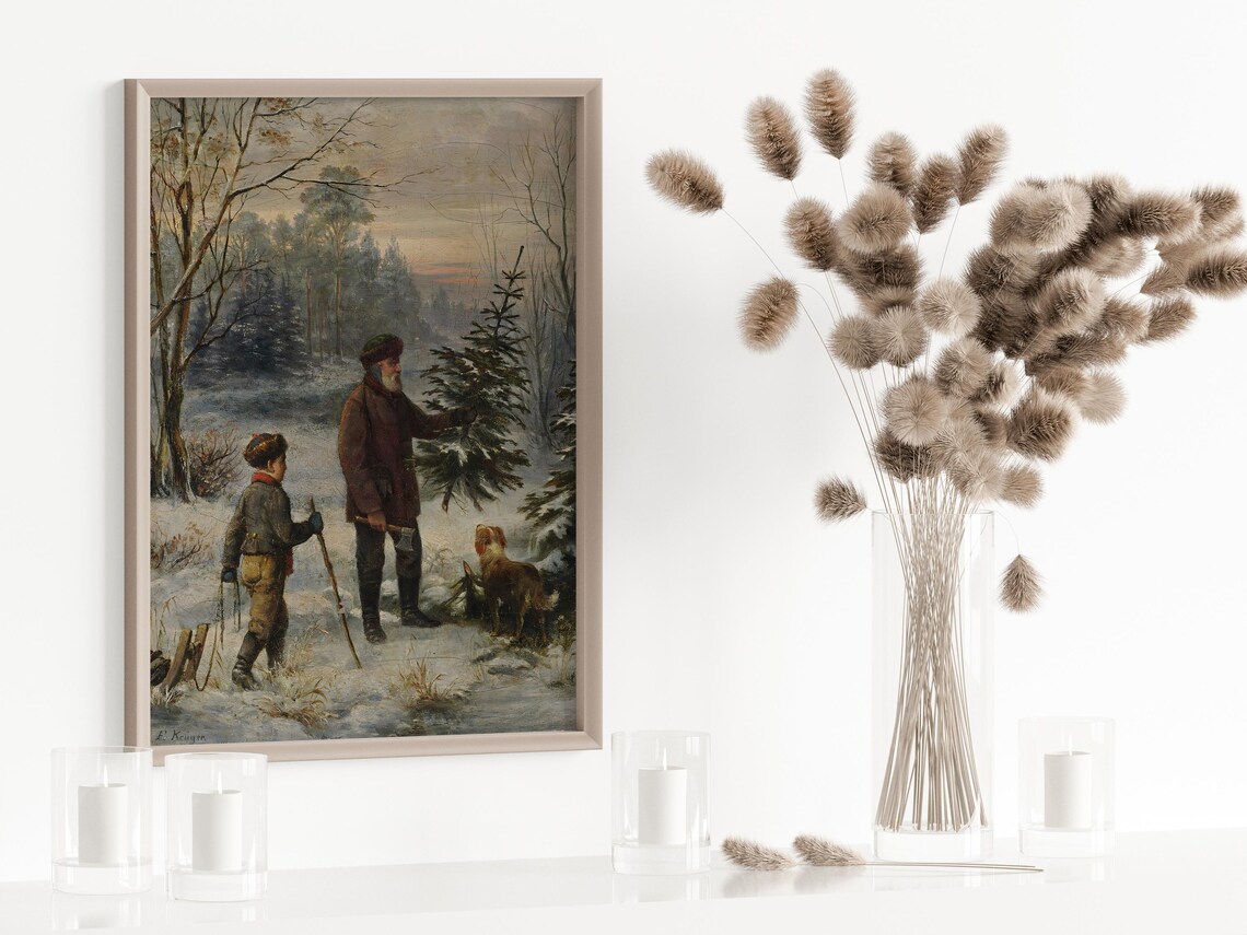 Father And Son Chopping Down A Christmas Tree, Vintage Poster - Image 3