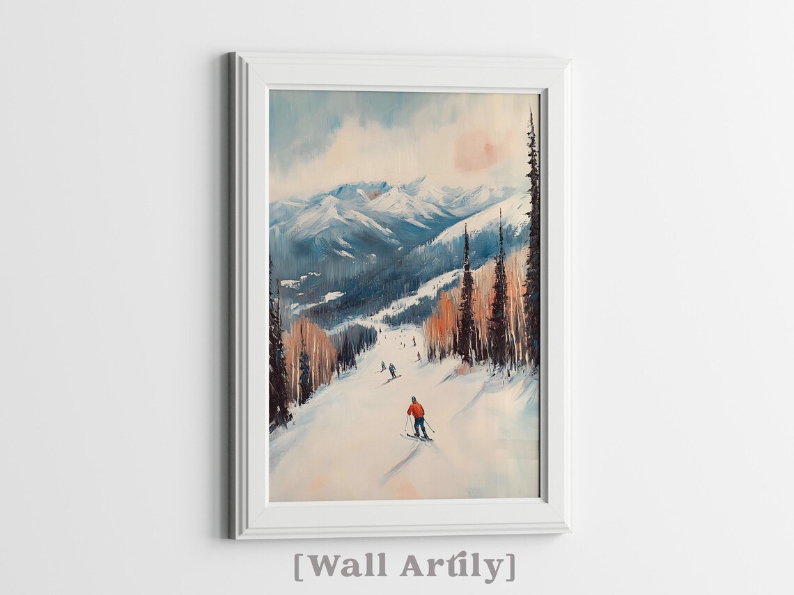 Vintage Ski Slope Mountain Winter Skiers Landscape Art Poster - Image 4