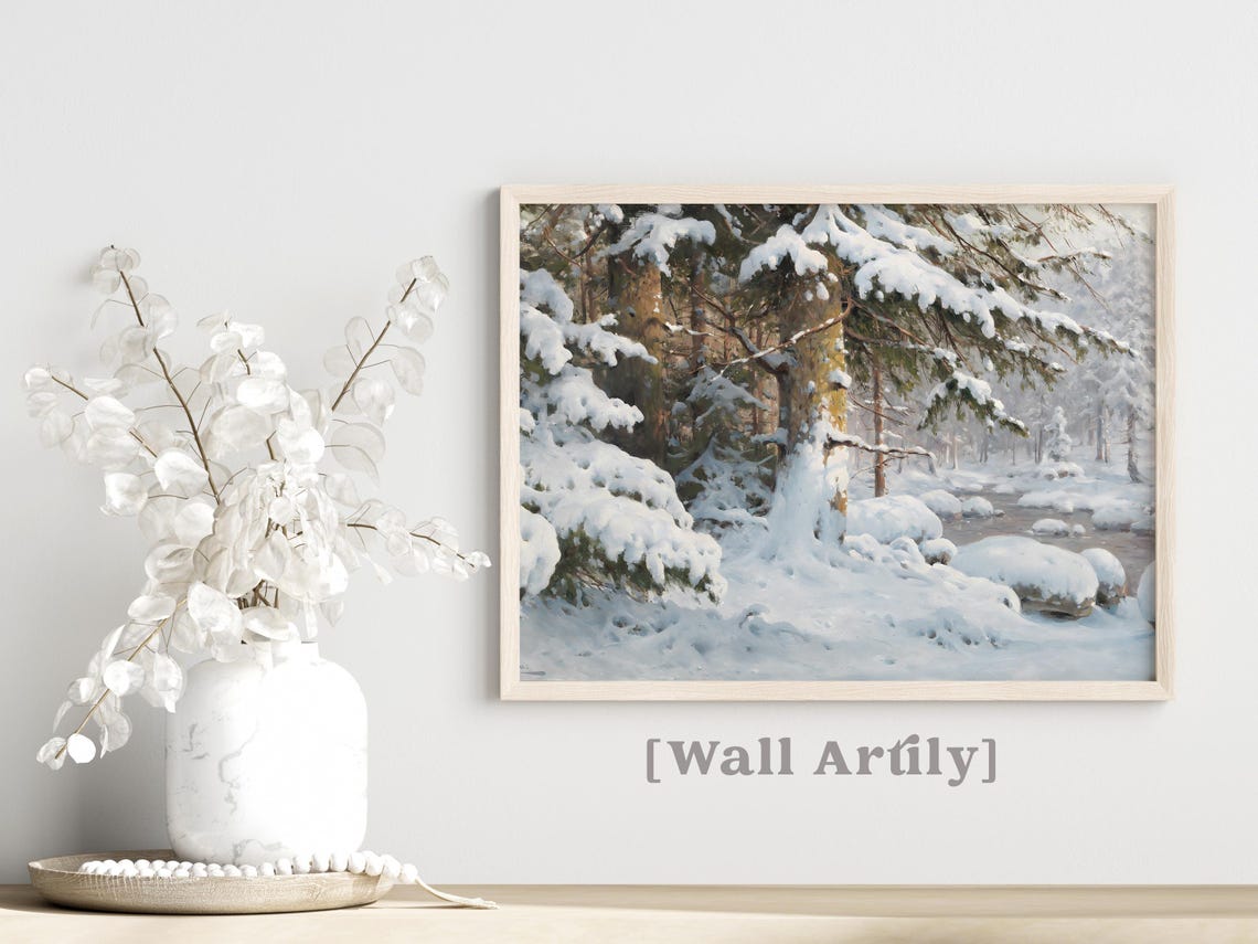 Snowy Pine Trees By A Winter River Realistic Painting Poster - Image 4