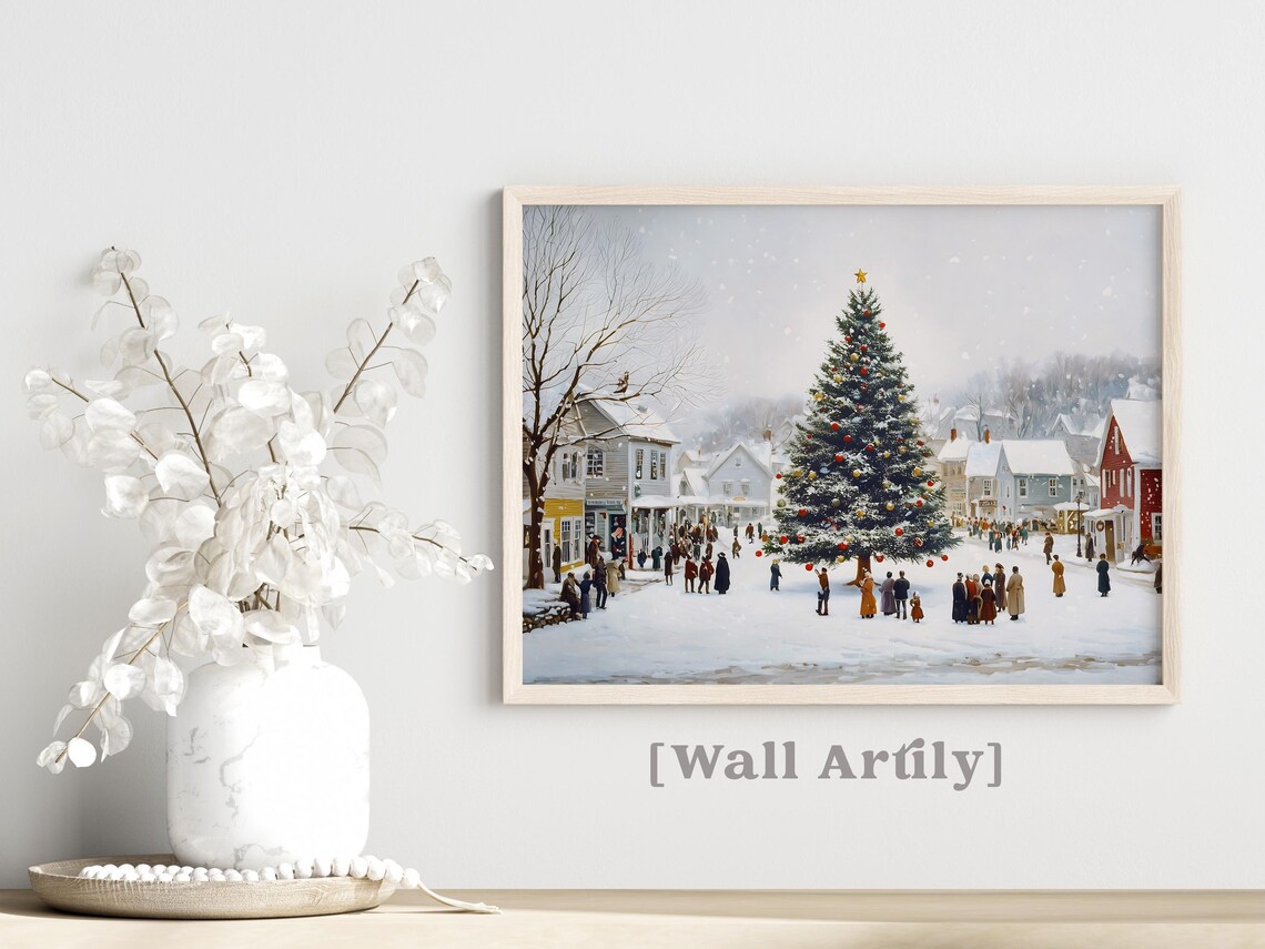 Snowy Village Square Giant Christmas Tree Vintage Holiday Poster - Image 3