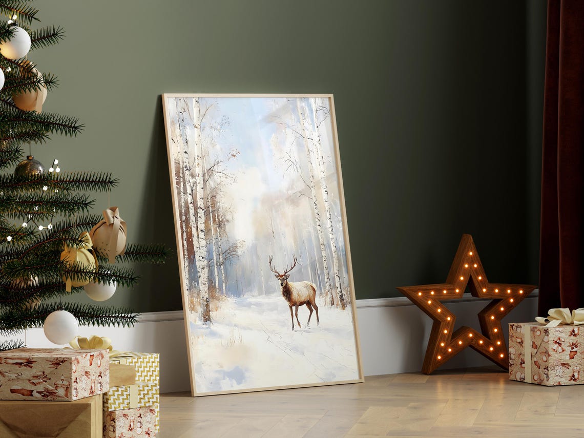 Noble Stag With Antlers In Snowy Birch Forest Winter Painting Poster - Image 5