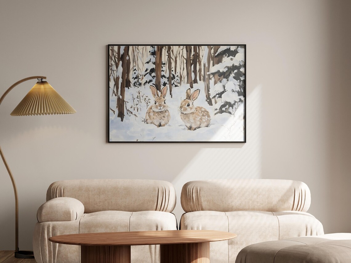 Snowy Forest Bunnies Winter Woodland Oil Painting Animal Poster - Image 3