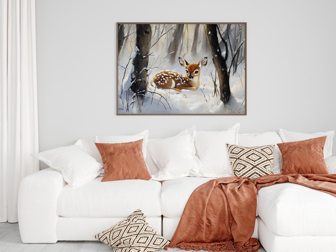 Sweet Little Fawn Resting In Snowy Woodland Winter Painting Poster - Image 2