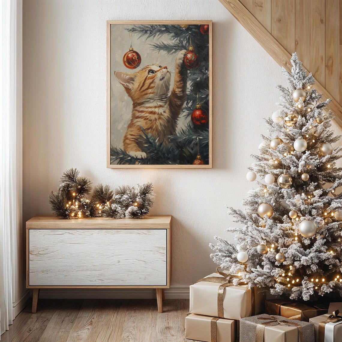 Curious Cat Reaching For Christmas Ornaments Close Up Poster - Image 6
